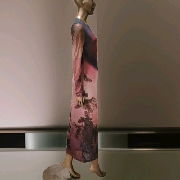 NWT Round Collar Oriental Text Print Mesh Bodycon Midi Dress Sz M - Picture 7 of 16